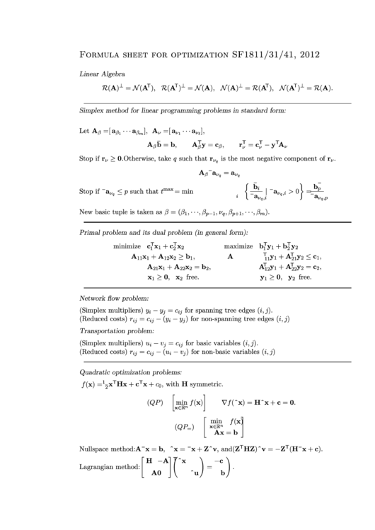 Linear Algebra Formula Sheet Printable pdf