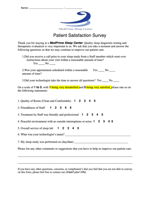 Patient Satisfaction Survey Template Printable pdf