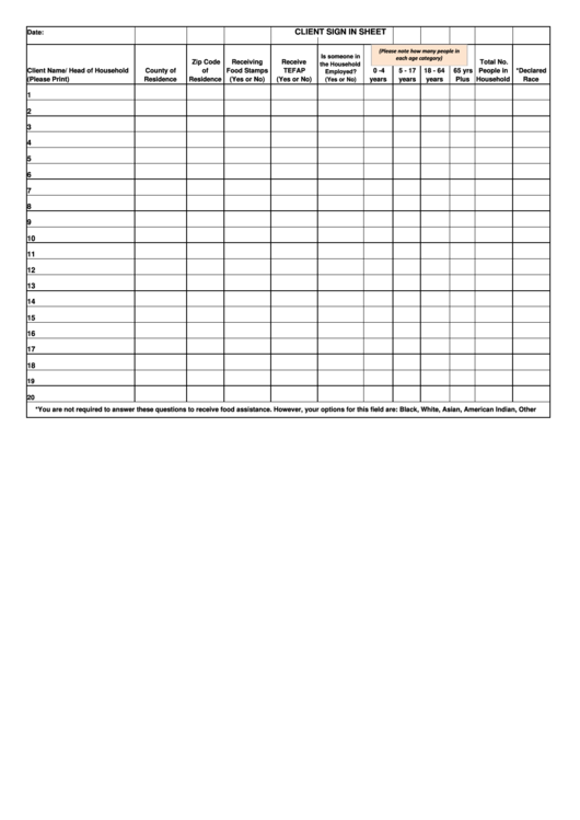Client Sign In Sheet Template Printable pdf