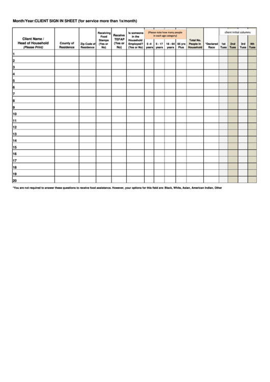 Client Sign In Sheet Template - For Service More Than 1x/month