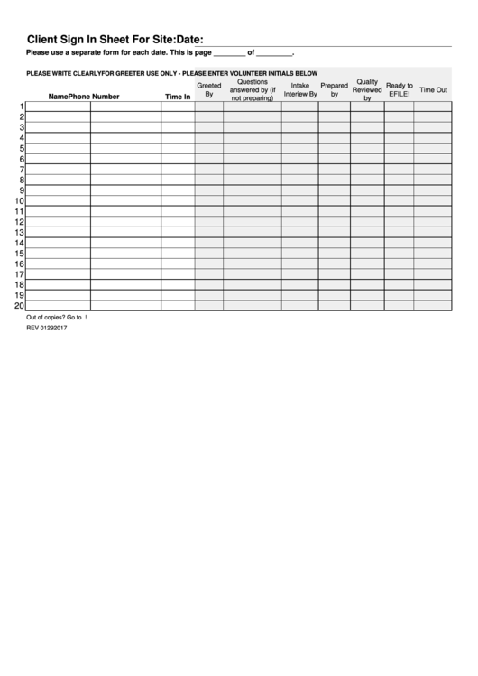 Client Sign In Sheet Template For Site
