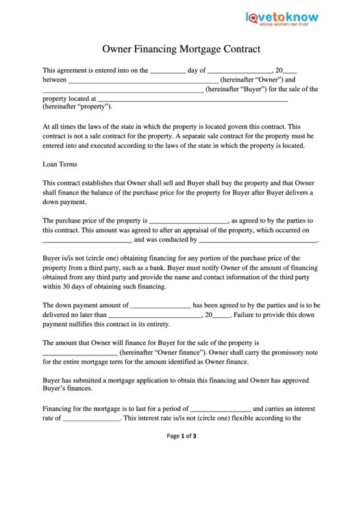 Owner Financing Mortgage Contract Printable pdf