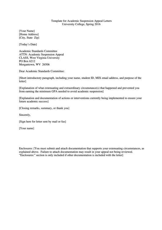 Template For Academic Suspension Appeal Letter Printable pdf