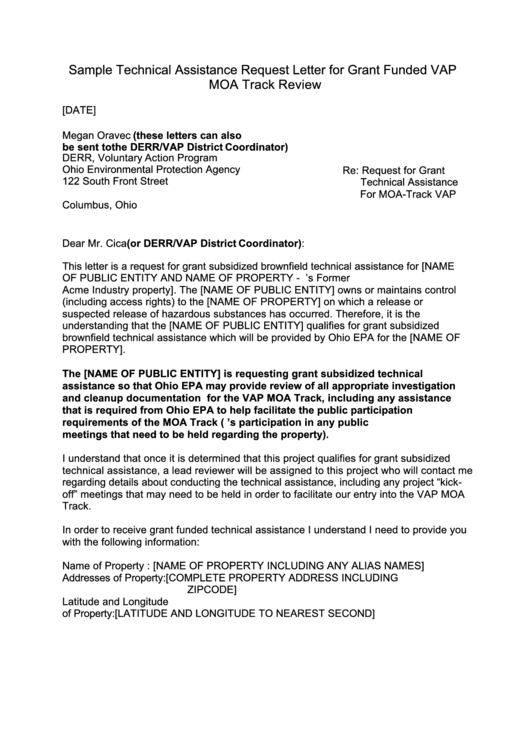 Sample Technical Assistance Request Letter For Grant Funded Vap Printable pdf