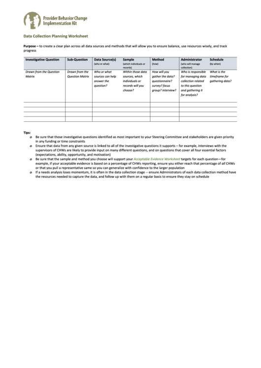Data Collection Planning Worksheet Printable pdf