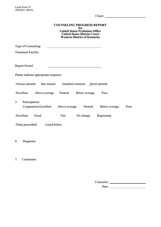 Fillable Local Form 35 - Counseling Progress Report Printable pdf