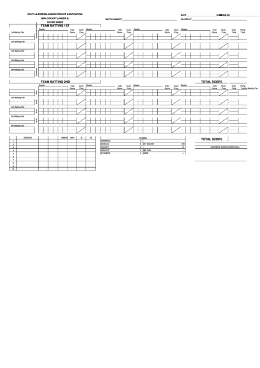 Under 9 Cricket Scoresheet Printable pdf