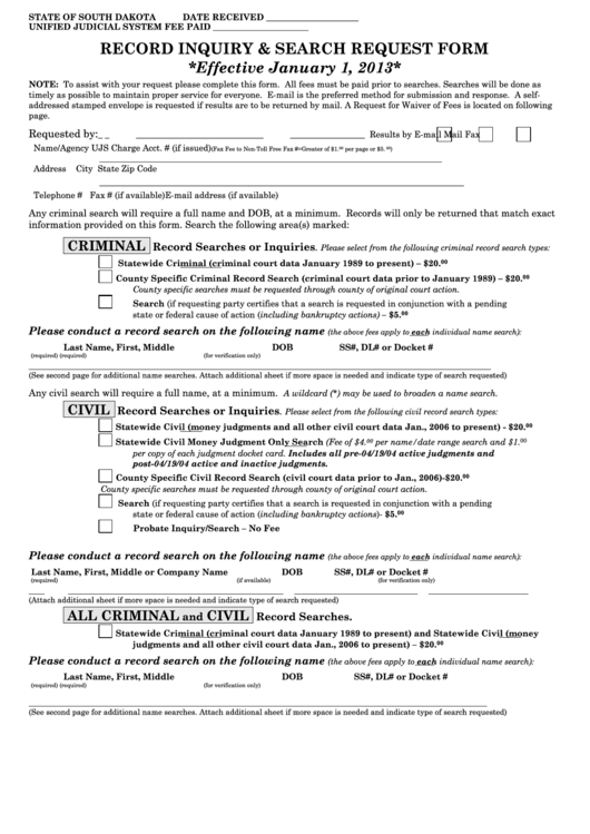 Record Inquiry & Search Request Form Printable pdf