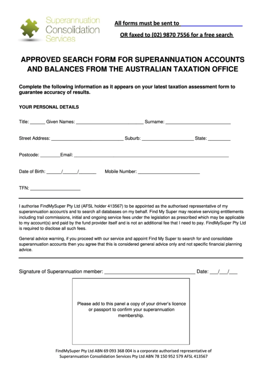 Approved Search Form For Superannuation Accounts And Balances From The Australian Taxation Office Printable pdf