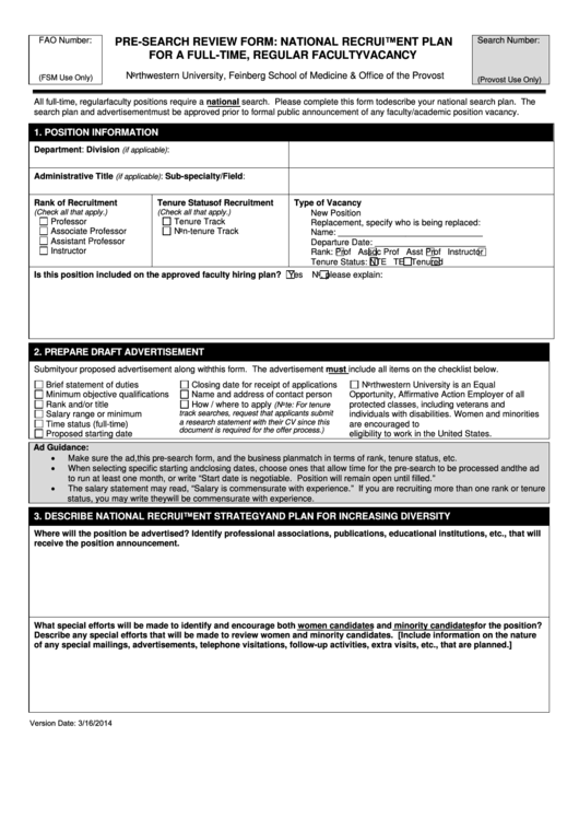 Fillable Pre-Search Review Form -National Recruitment Plan Printable pdf