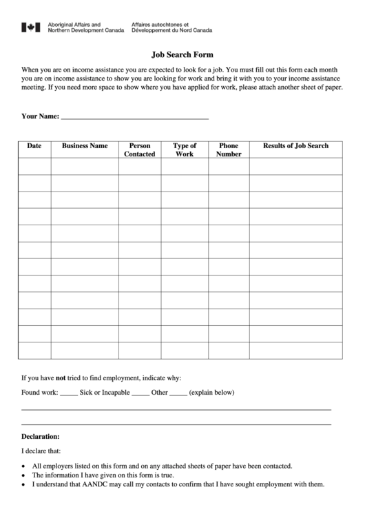 Job Search Form Printable pdf