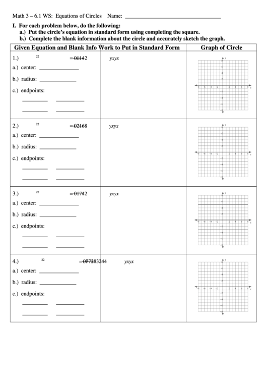 Equations Of Circles Printable pdf