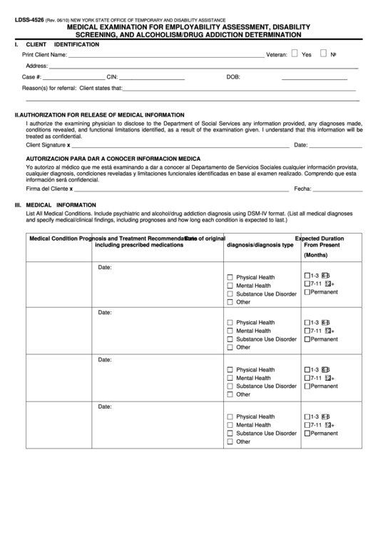 Form Ldss-4526 - 2010, Medical Examination For Employability Assessment Printable pdf