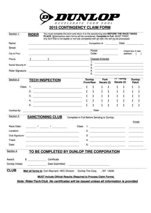 Contingency Claim Form Printable pdf