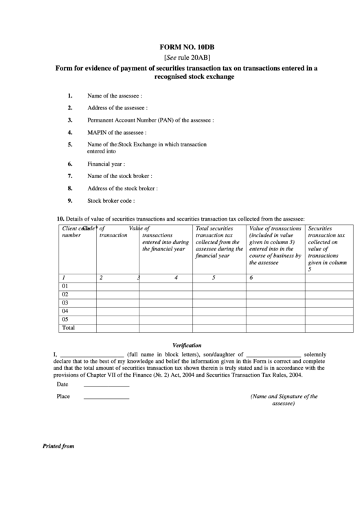 Form For Evidence Of Payment Of Securities Transaction Tax On Transactions Enetered In A Recognised Stock Exchange Printable pdf
