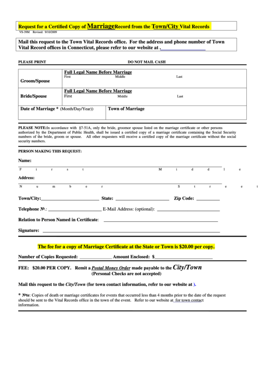 Request For A Certified Copy Of Marriage Record From The Town/city Vital Records Printable pdf