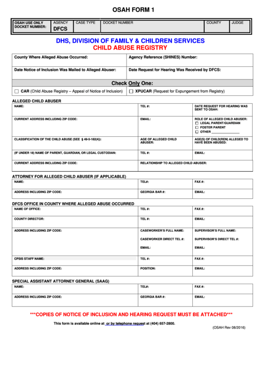 Osah Form 1 - Child Abuse Registry - Dhs, Division Of Family & Children Services Printable pdf