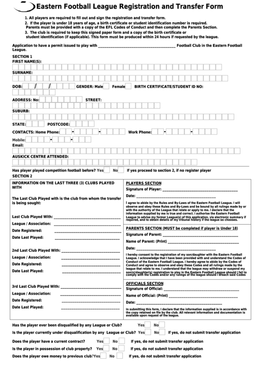 Eastern Football League Registration And Transfer Form Printable pdf