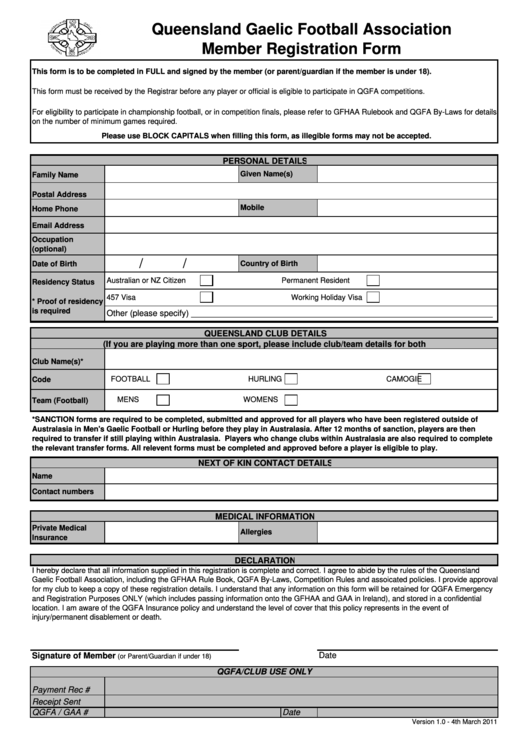 Queensland Gaelic Football Association Member Registration Form Printable pdf