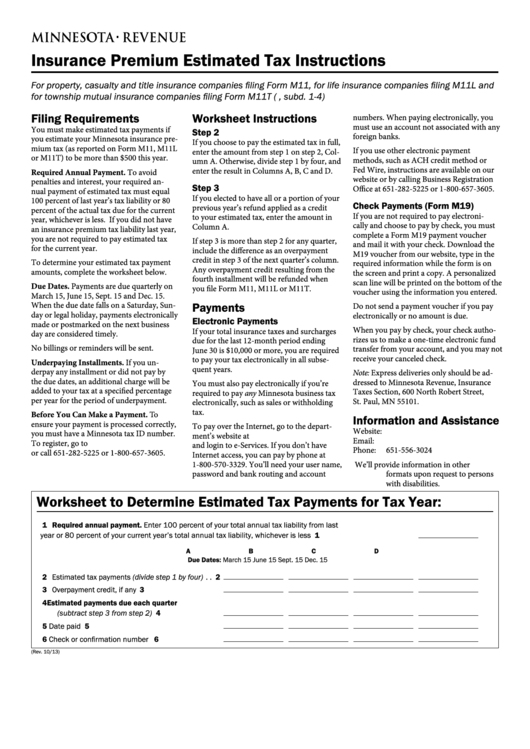 Insurance Premium Estimated Tax Instructions: Worksheet To Determine Estimated Tax Payments For Tax Year Printable pdf