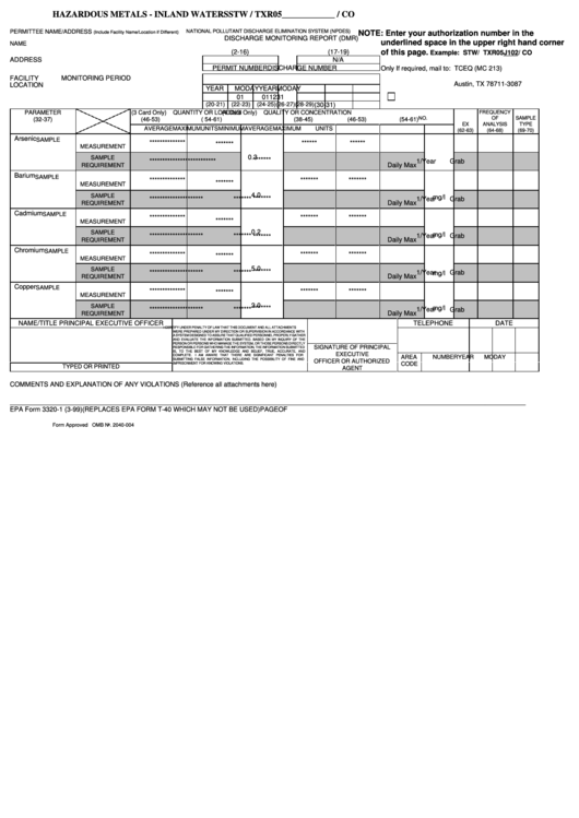 Epa Form 3320-1 (rev. 3-99) - Discharge Monitoring Report (dmr) - Hazardous Metals - Inland Waters
