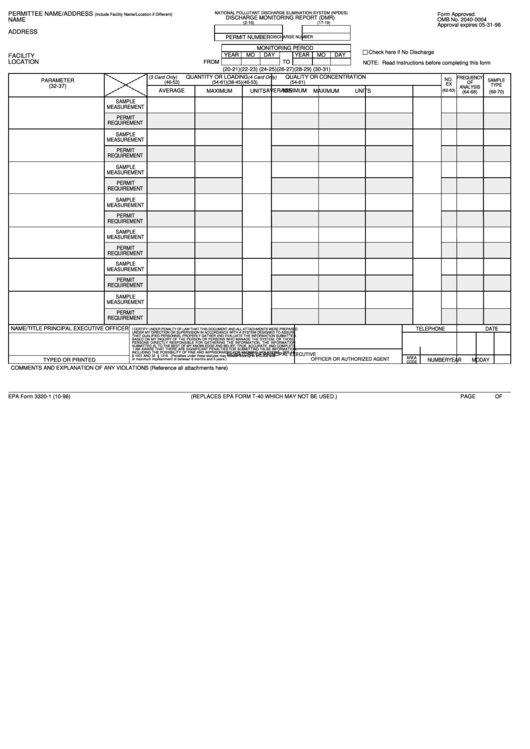 Fillable Epa Form 3320-1 (Rev. 10-96) - Discharge Monitoring Report (Dmr) Printable pdf