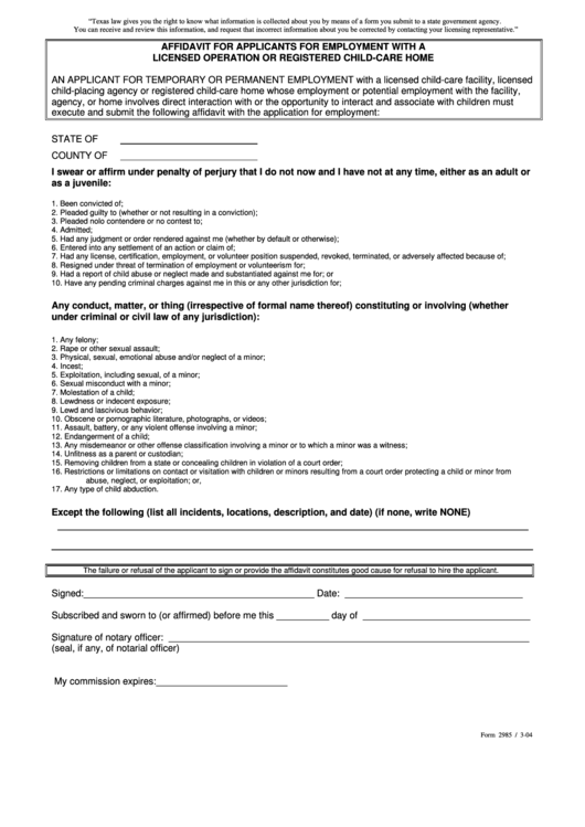 Affidavit For Applicants For Employment With A Licensed Operation Or Registered Child-Care Home Printable pdf