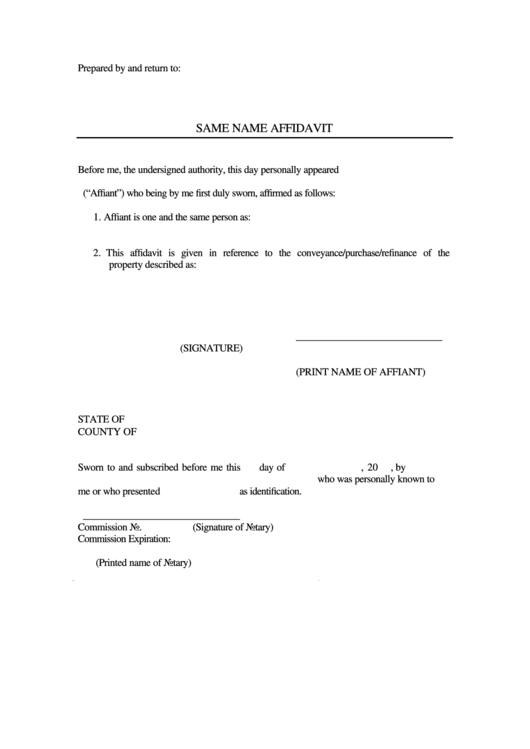 Fillable Same Name Affidavit Form Printable pdf