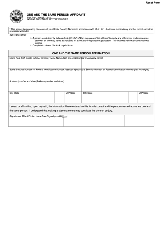 State Form 13637 - One And The Same Person Affidavit Printable pdf