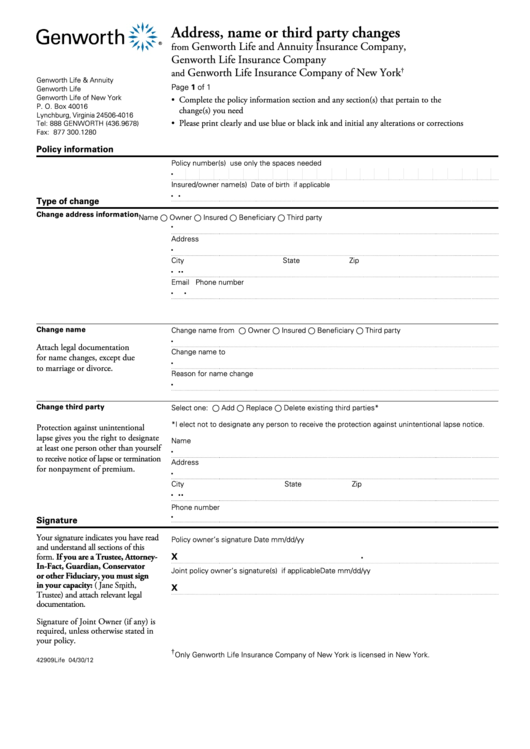 Fillable Address, Name Or Third Party Changes Form - Genworth Printable pdf