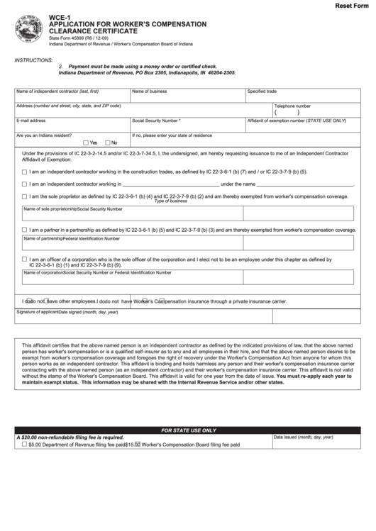 Form Wce-1 - Application For Worker's Compensation Clearance Certificate