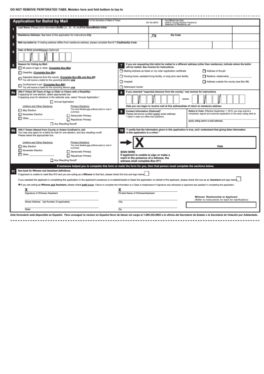 Abbm-Application For Ballot By Mail-English - Texas Secretary Of State Printable pdf