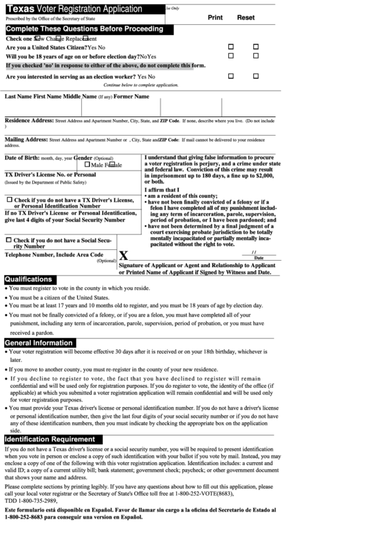 Fillable Texas Voter Registration Application Printable pdf