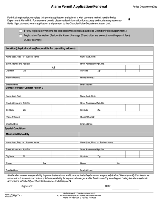 Fillable Alarm Permit Application/renewal - City Of Chandler Police Department Printable pdf