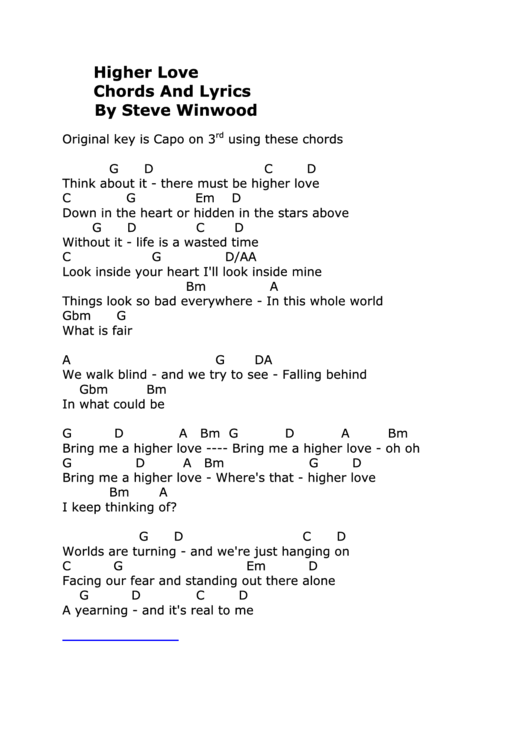 Higher Love Chords And Lyrics By Steve Winwood Printable pdf
