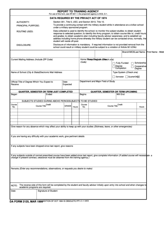 Fillable Da Form 2125 Report To Training Agency Printable pdf