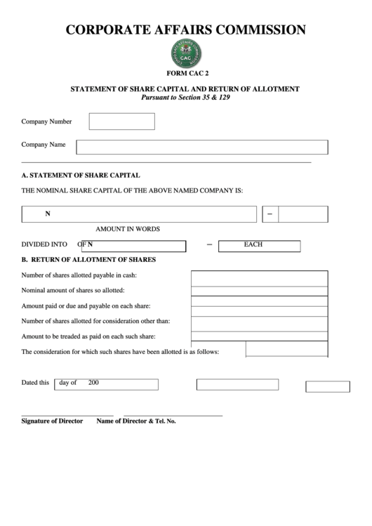 Form Cac 2 - Statement Of Share Capital And Return Of Allotment Printable pdf