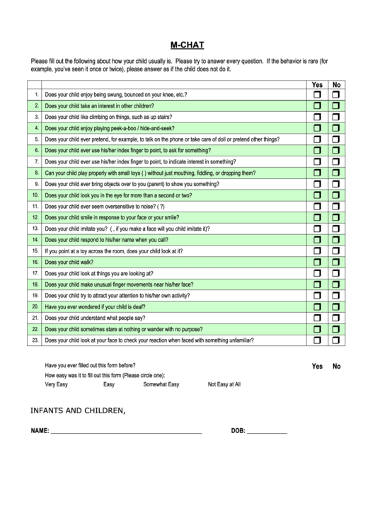 Mchat Child Evaluation Form Printable pdf