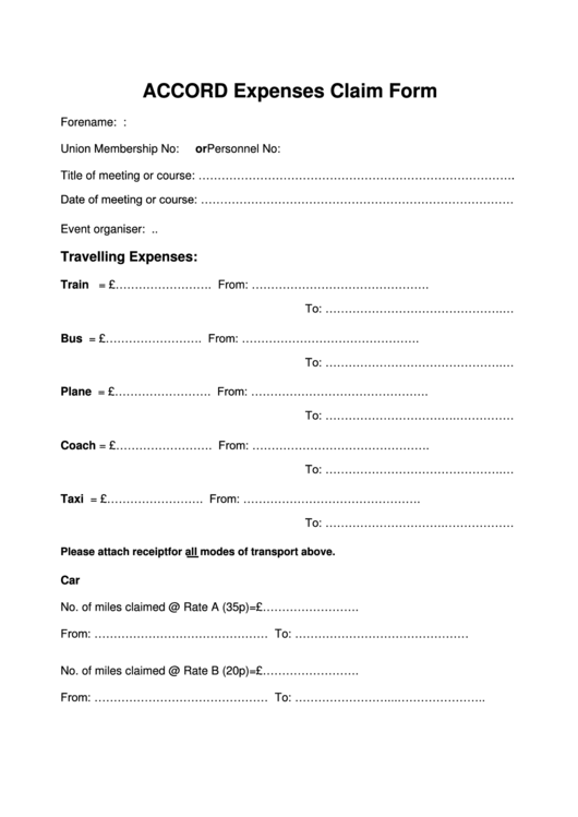 Accord Expenses Claim Form Printable pdf