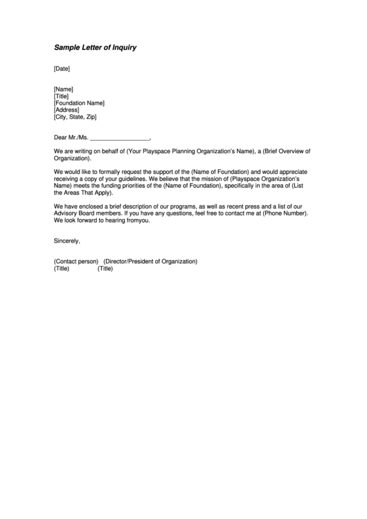 Sample Letter Of Inquiry Template