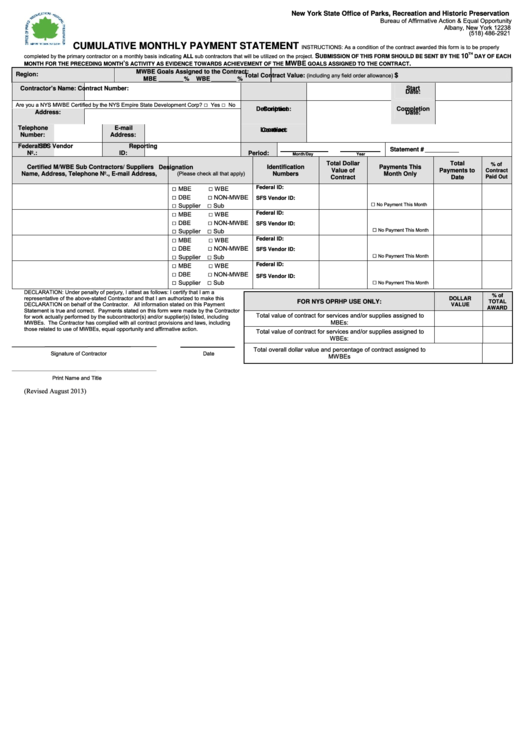 Fillable Cumulative Monthly Payment Statement - New York State Office Of Parks, Recreation And Historic Preservation Printable pdf