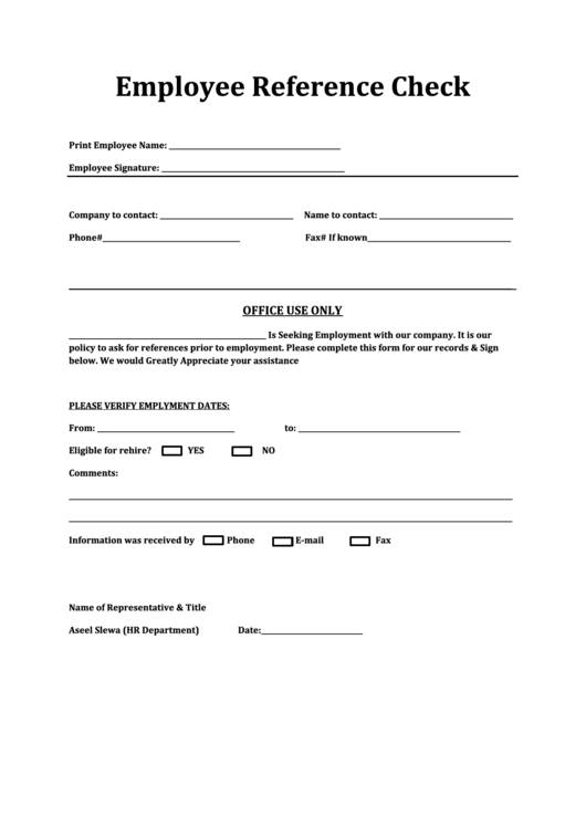 Employee Reference Check Form Printable pdf