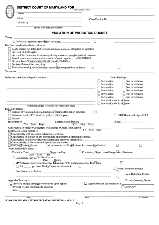 Fillable Form Dc-Vop-Doc-001 Violation Of Probation Docket - Maryland Courts Printable pdf