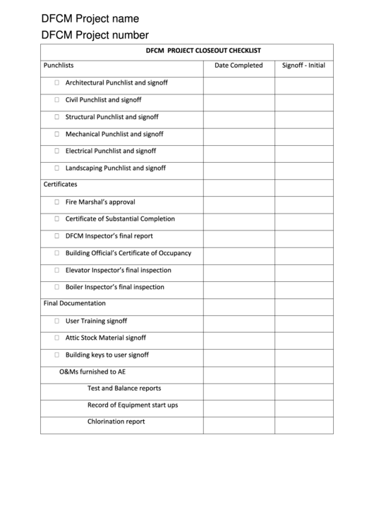 Fillable Project Closeout Checklist - Dfcm Printable pdf
