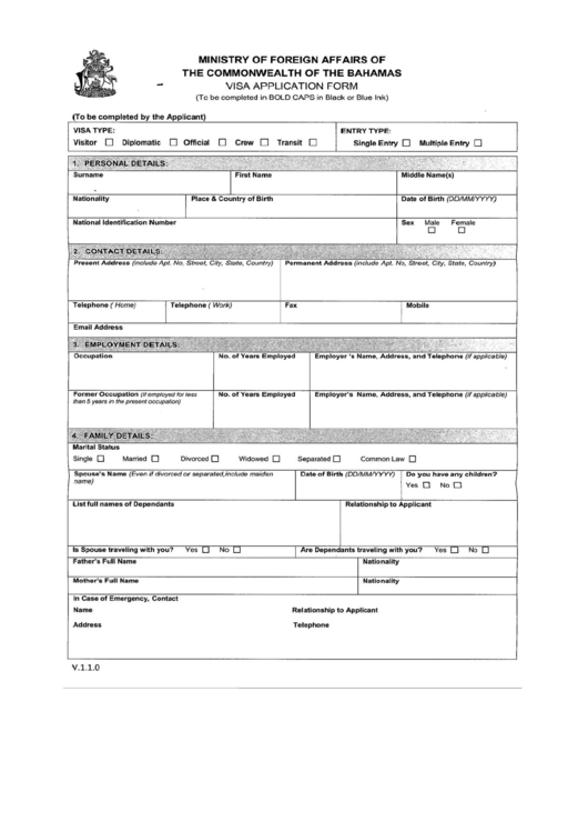 Fillable Bahamas Visa Application Form Printable pdf