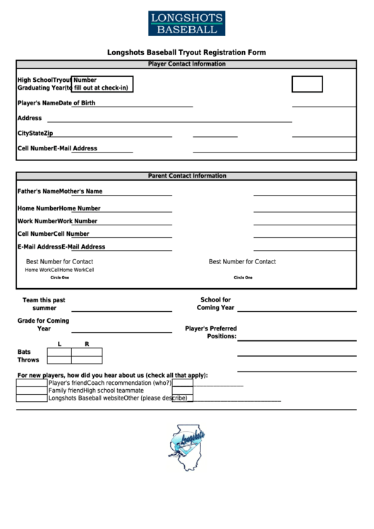 Longshots Baseball Tryout Registration Form Printable pdf
