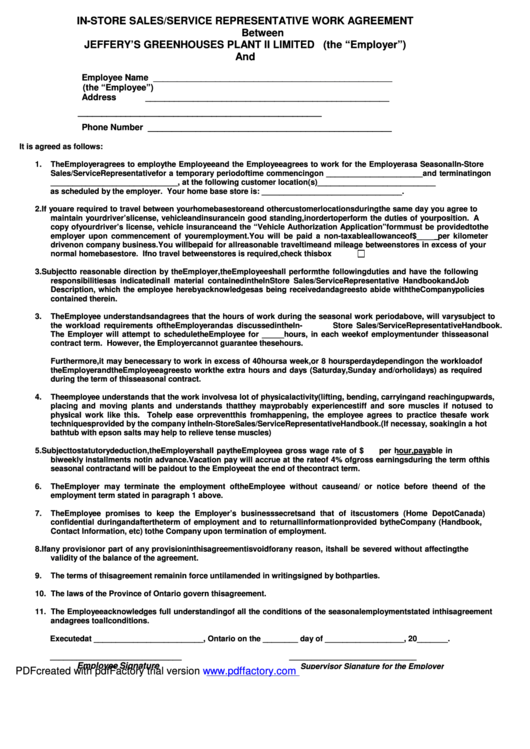 In-Store Sales/service Representative Work Agreement Printable pdf