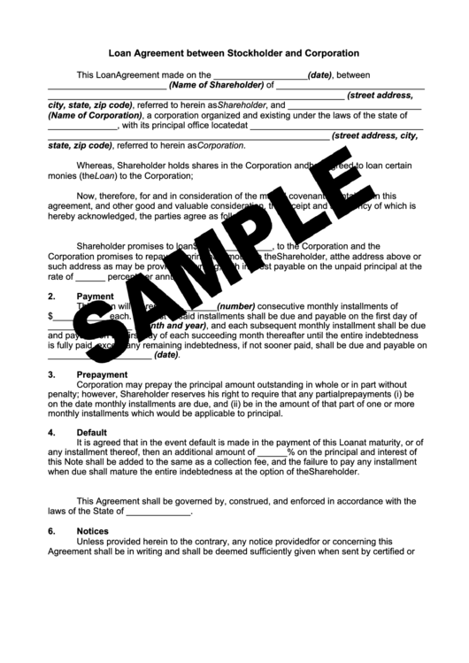 Sample Loan Agreement From Stockholder And Corporation Printable pdf