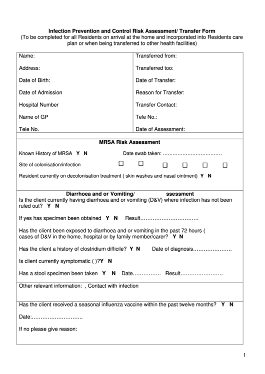 Infection Prevention And Control Risk Assessment/ Transfer Form Printable pdf