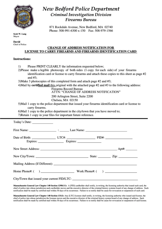 Change Of Address Notification For License To Carry Firearms And Firearms Identification Card Printable pdf